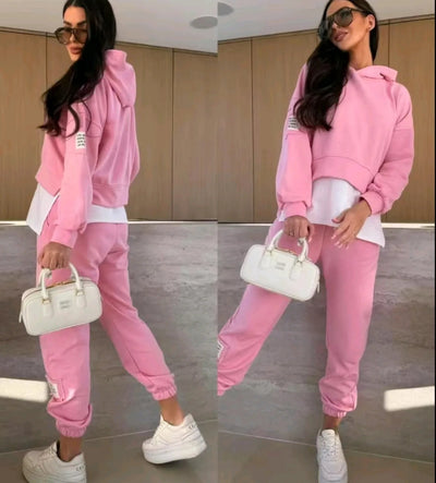 Ladies Casual Patchwork Hooded Sweatshirt Suit