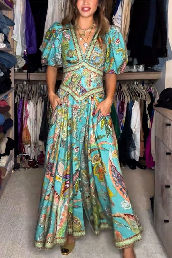 Amelia Quinn | Airy Maxi Dress with Puff Sleeves &amp; V-Neck