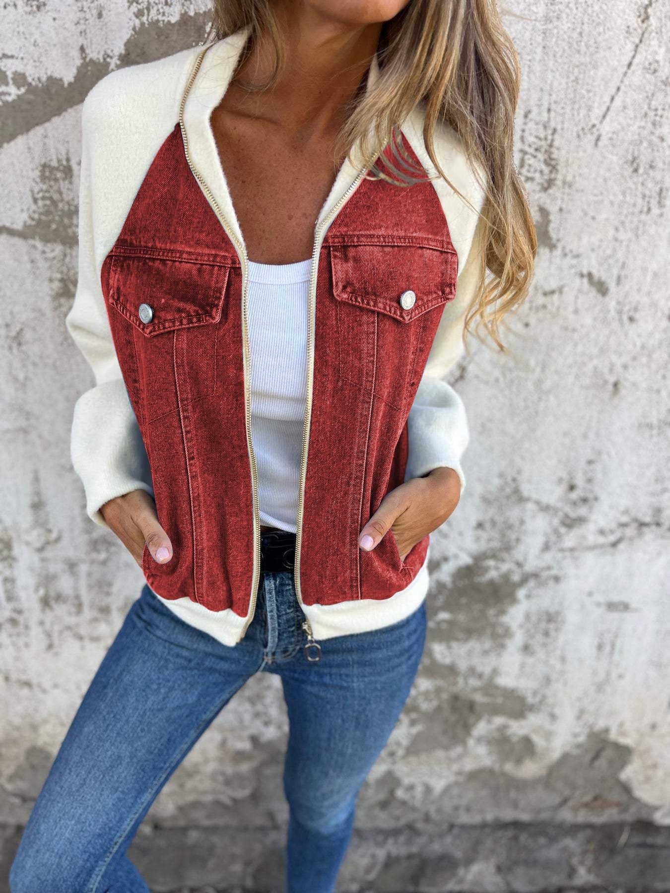 Blondie-Casual V-neck Zipper Jacket