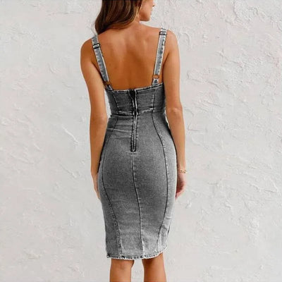Adjustable Straps U-Neck Split Denim Bodycon Cami Dress