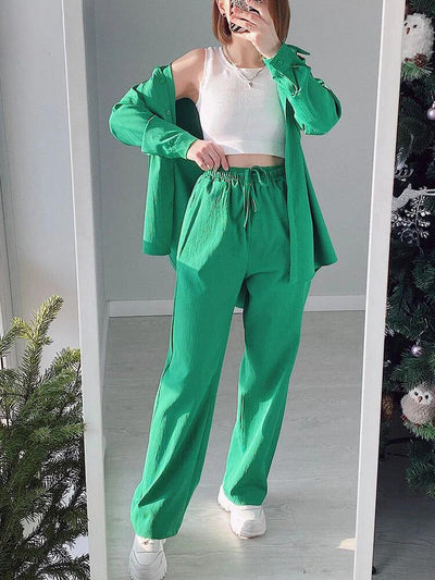 FlowEase Chic Ensemble: Long Sleeve Shirt and Wide Leg Pants Set