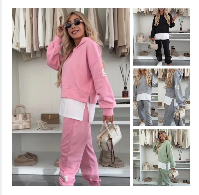 Ladies Casual Patchwork Hooded Sweatshirt Suit