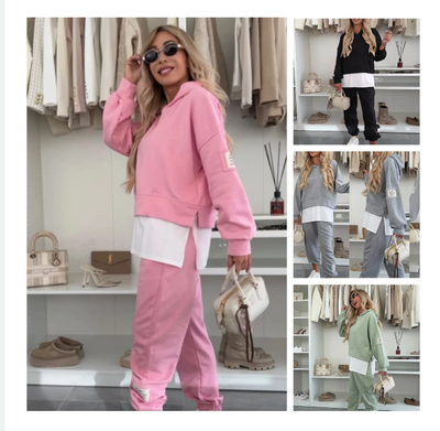 Ladies Casual Patchwork Hooded Sweatshirt Suit