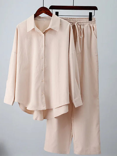 FlowEase Chic Ensemble: Long Sleeve Shirt and Wide Leg Pants Set