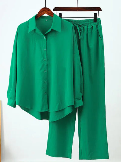 FlowEase Chic Ensemble: Long Sleeve Shirt and Wide Leg Pants Set