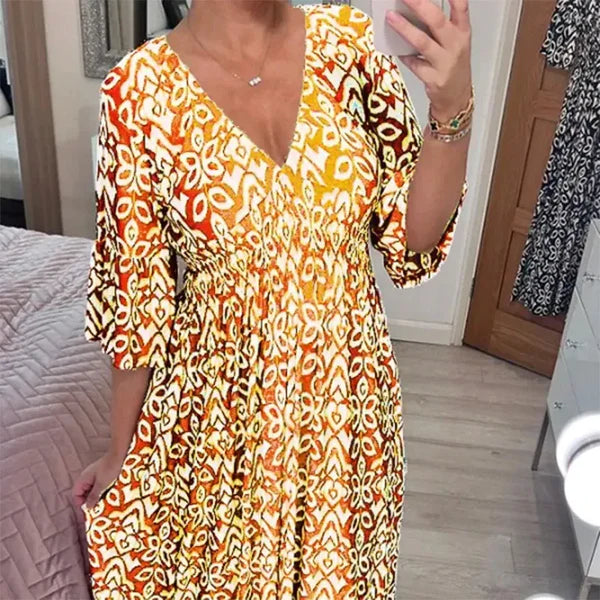 🔥LAST DAY 50% OFF🔥 Floral Dress with V-Neckline - Buy 2 and Get 10% OFF