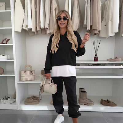 Ladies Casual Patchwork Hooded Sweatshirt Suit