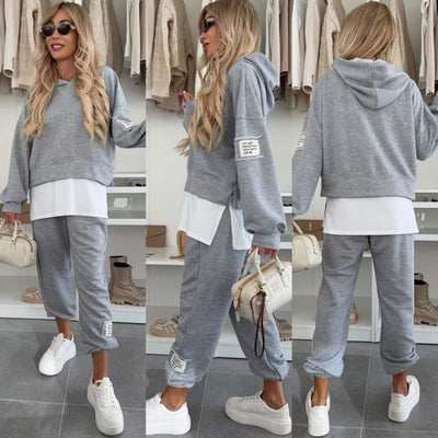 Ladies Casual Patchwork Hooded Sweatshirt Suit