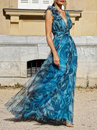 ELARA™ | PEACOCK BLUE ELEGANCE MAXI DRESS