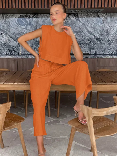 Linen Holiday Set: Crop Top & Pant Duo