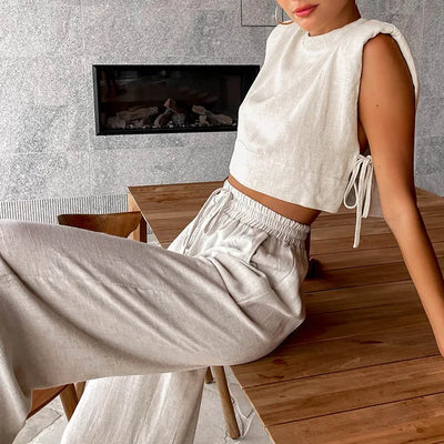 Linen Holiday Set: Crop Top & Pant Duo