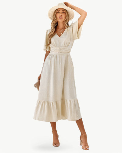 RENÉE – V-neck calf-length dress with short sleeves – Light and stylish