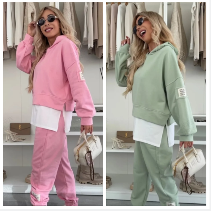 Ladies Casual Patchwork Hooded Sweatshirt Suit