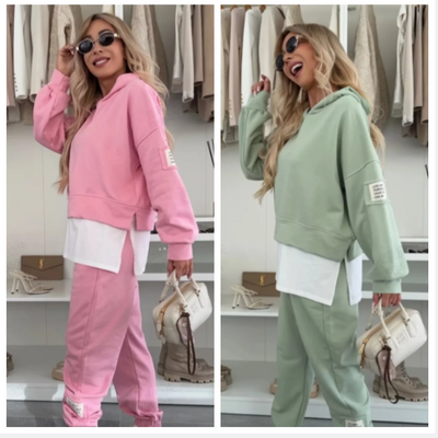 Ladies Casual Patchwork Hooded Sweatshirt Suit