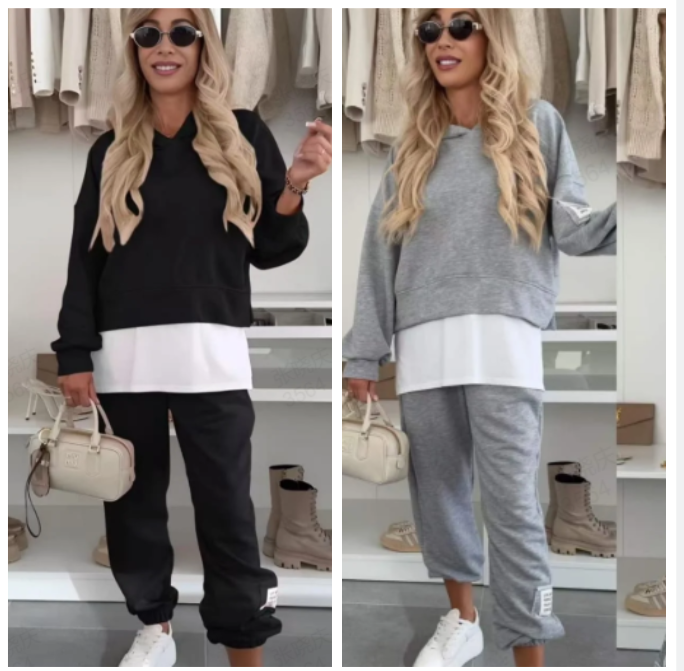 Ladies Casual Patchwork Hooded Sweatshirt Suit