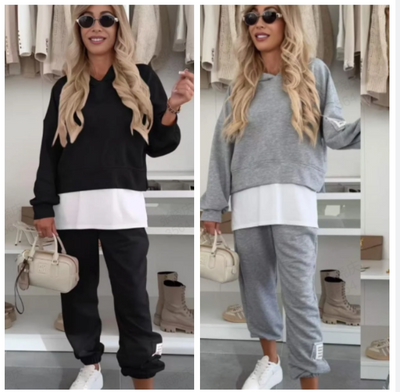 Ladies Casual Patchwork Hooded Sweatshirt Suit