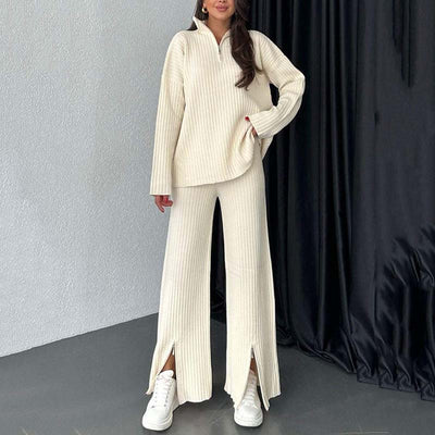 Women's Cozy Ribbed Knit with Slit-Leg Pants(Two-Piece Set)