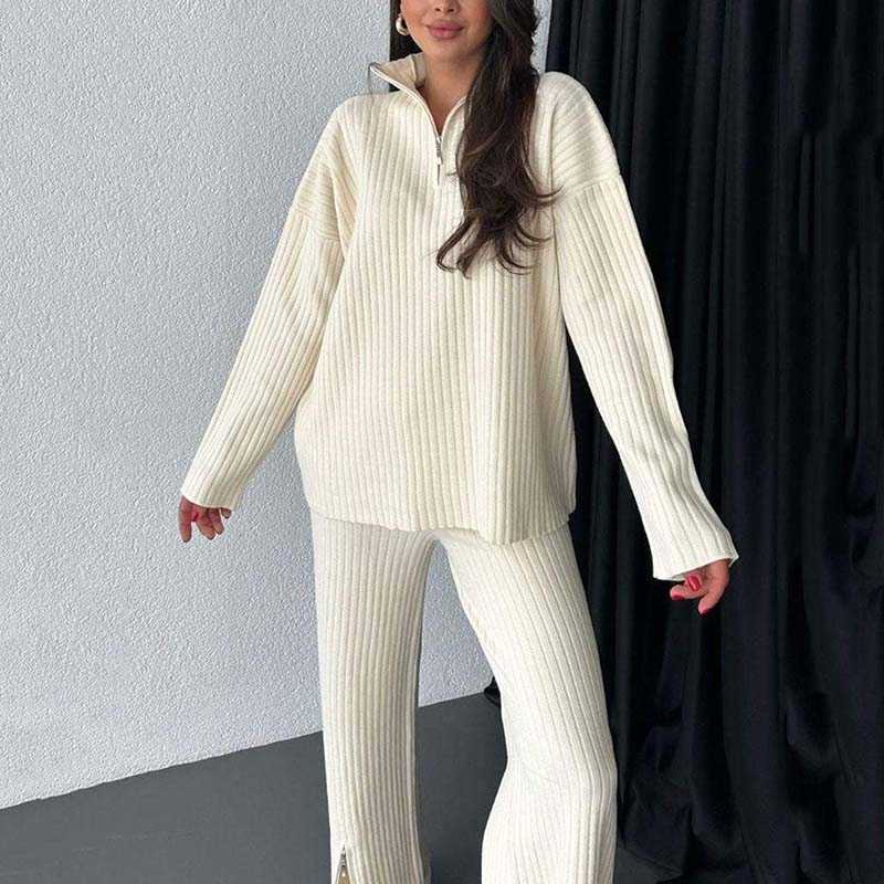 Women's Cozy Ribbed Knit with Slit-Leg Pants(Two-Piece Set)