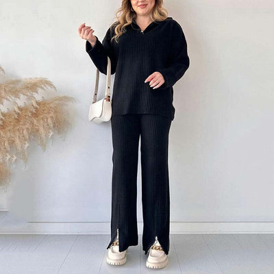 Women's Cozy Ribbed Knit with Slit-Leg Pants(Two-Piece Set)