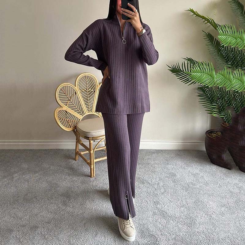 Women's Cozy Ribbed Knit with Slit-Leg Pants(Two-Piece Set)