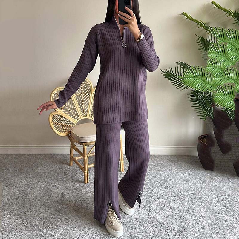 Women's Cozy Ribbed Knit with Slit-Leg Pants(Two-Piece Set)