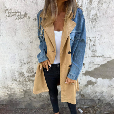 Mid-length trench coat with denim jeans seams