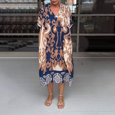 Printed V-neck loose midi dress