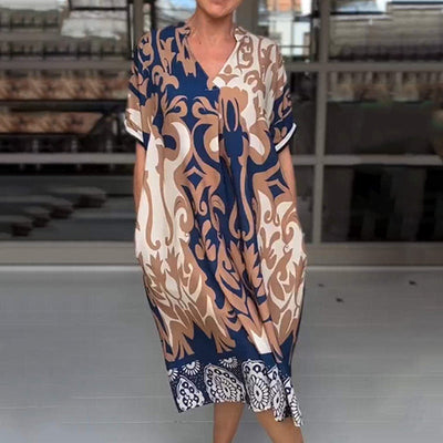 Printed V-neck loose midi dress
