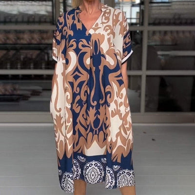 Printed V-neck loose midi dress