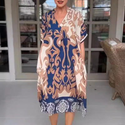 Printed V-neck loose midi dress