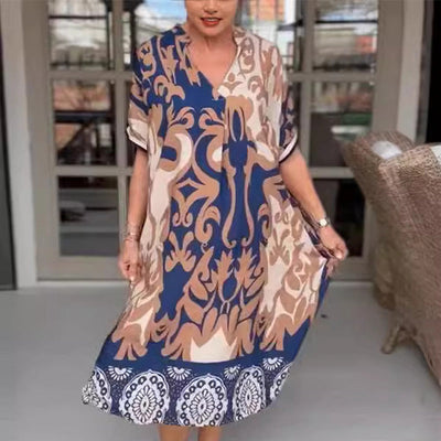 Printed V-neck loose midi dress