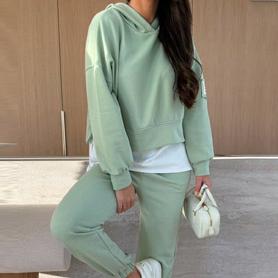 Ladies Casual Patchwork Hooded Sweatshirt Suit