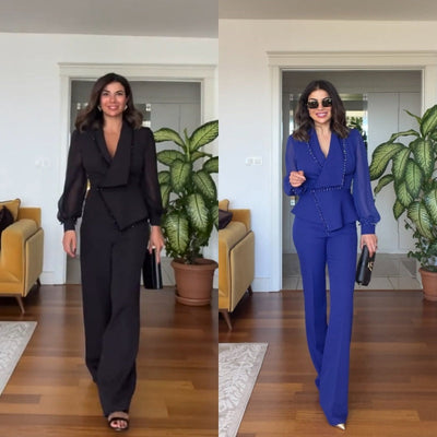 Elegant Black Pearl Blouse & Wide Leg Pants (2 Piece Set)