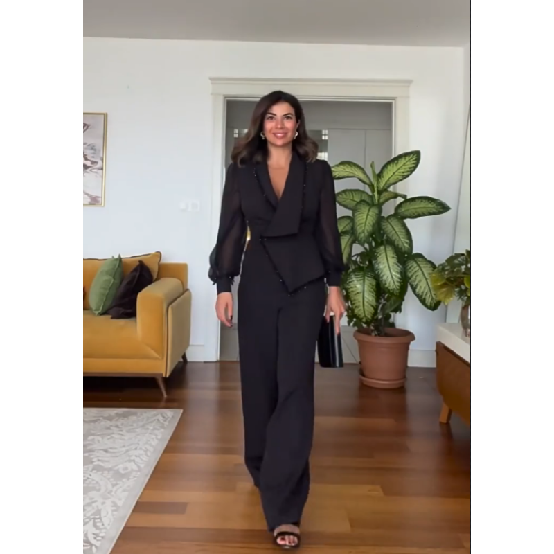 Elegant Black Pearl Blouse & Wide Leg Pants (2 Piece Set)