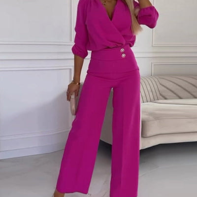 V-Neck Solid Color Casual Commuter Set for Women