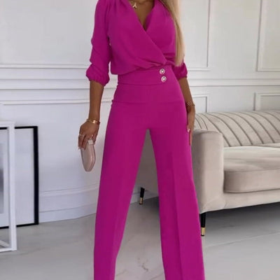 V-Neck Solid Color Casual Commuter Set for Women