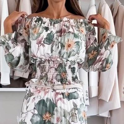Floral Pattern Set: Off-shoulder Blouse & Maxi Skirt